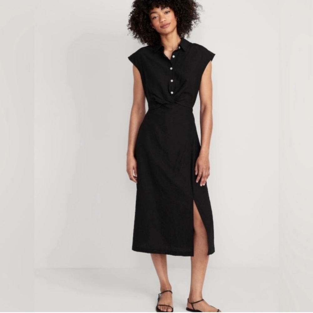 Black Waist-Defined Twist-Front Midi Shirt Dress - XS Old Navy - Picture 2 of 4